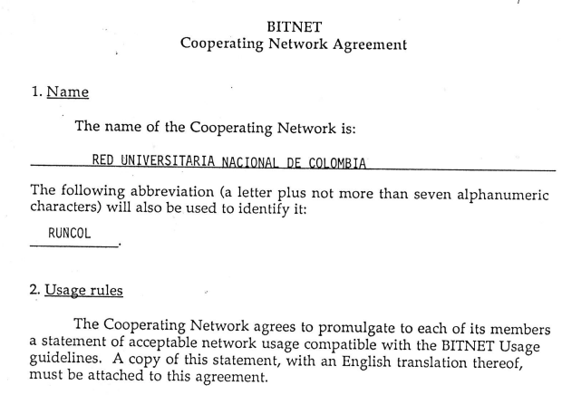 Imagen para Acuerdo de vinculación de RUNCOL con BITNET. Cooperating Network Agreement